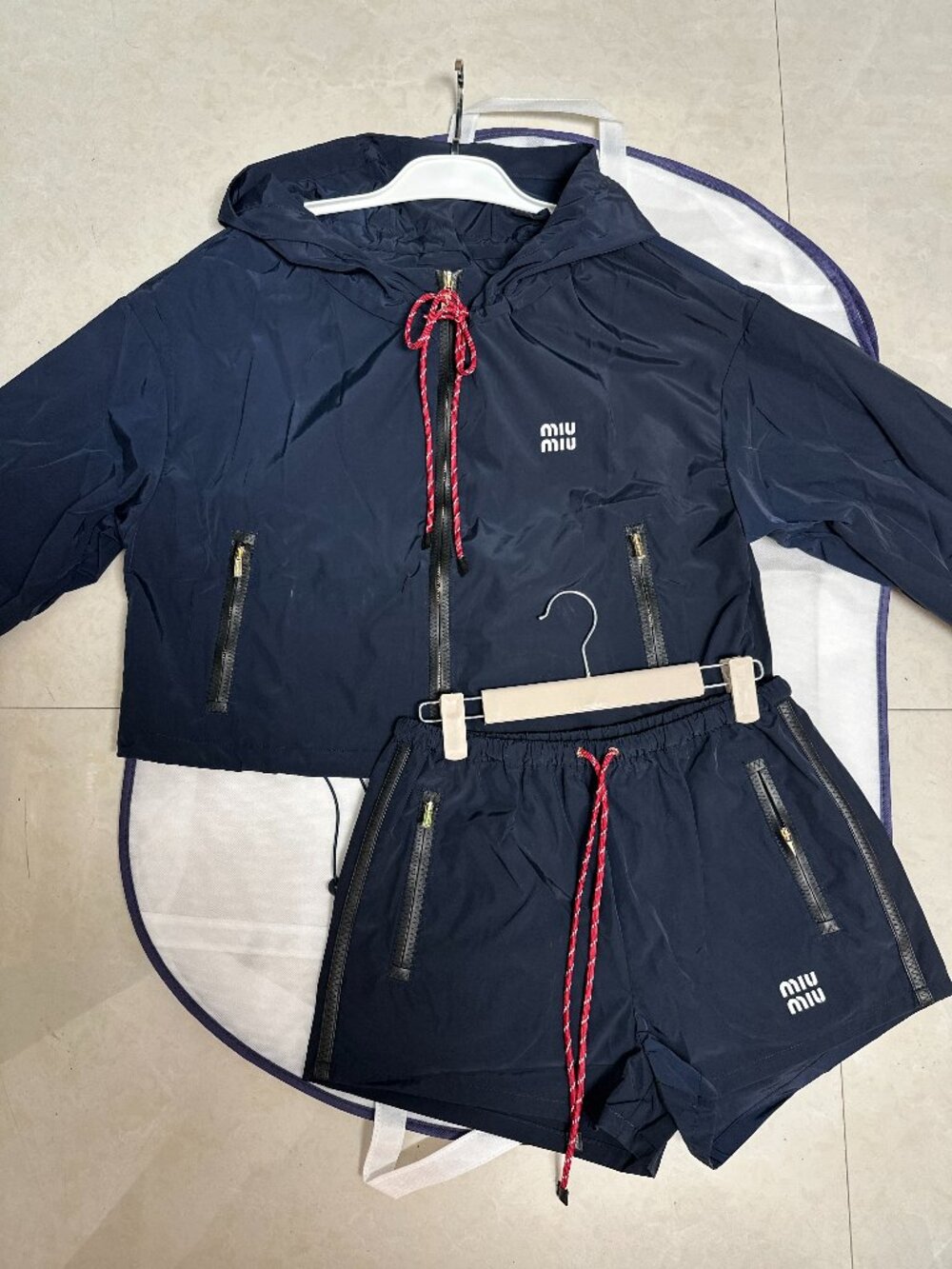 Women's Miu Miu Navy Windbreaker Top And Shorts Set Size M